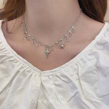 1pc Rhinestone Four-Pointed Star Pendant Necklace, Niche Design Collarbone Chain, Light Luxury High-End Versatile Jewelry For Women - Silver Four-pointed Star Necklace - View 3