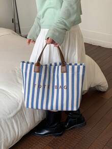 New Large Capacity Letter Decor Stripes Handbag, Multifunctional Commuter Tote Bag With Dual Handles For Women, Suitable For Commute,Beach Vacation - Blue - View 5