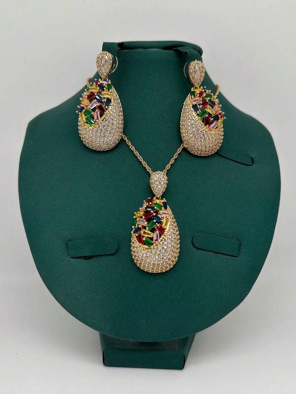 Saudi Arabia Colorful Zirconia Women's Gold & Silver Jewelry Earrings Necklace 2pcs Set Chain Valentine's Day Gift - Women's Fashion, Elegant, Exquisite Bridal Jewelry Set, Bridal Jewelry, Wedding Accessories, Fashion Jewelry Gift