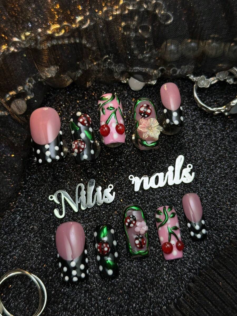 10er Pack handgemachte, vollständig abgedeckte quadratische Press-On-Nägel, schwarze French Nails, süßer und cooler Y2K-amerikanischer Retro-Stil, wiederverwendbare Kunstnägel mit Gelee-Kleber und Nagelfeile, geeignet für Frühling, Alltag Outfit, Sommer-Picknick, Party, lässiges Dating, Urlaubsreisen