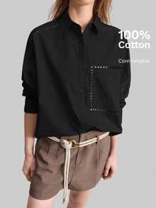 Ontre 2026 Primavera/Verano Nueva Camisa Casual de Mujer con Cuello Vuelto y Bordado de Manga Larga, Adecuada para Viajes Urbanos, Casual de Negocios - Negro1 - Ver 11