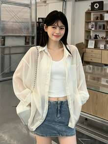 Áo sơ mi dáng rộng, dài ngang gối, cài một hàng khuy kiểu Hàn Quốc, hàng mới về. - Màu be - Xem 2
