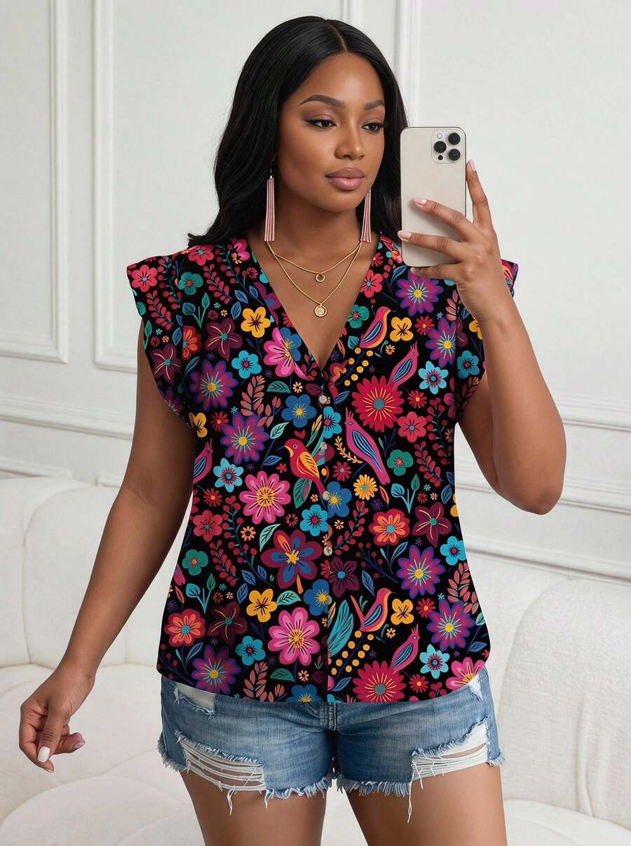 SHEIN Lady CURVE Plus Size Women Summer Casual Floral Print Retro Style Button Down Shirt Autumn And Winter Chic Blouses For Women - Multicolor - View 1