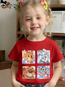 Girl Disney Zootopia Nick Wilde Judy Hopps Square Cartoon Pattern T-Shirt, Cute Rabbit Fox Animal Print Short Sleeve Summer Casual Top - 紅色 - 查看 1