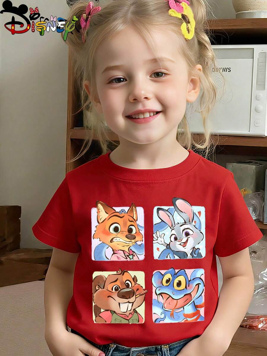 Girl Disney Zootopia Nick Wilde Judy Hopps Square Cartoon Pattern T-Shirt, Cute Rabbit Fox Animal Print Short Sleeve Summer Casual Top - 紅色 - 查看 1