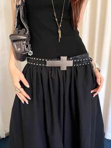 1 buah Sabuk Wanita Gaya Jalanan Vintage dengan Hiasan Rivet, Bahan PU Hitam - Hitam - View 3