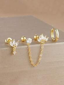 3pcs 18K Gold Plated Flower Zirconia Stainless Steel Stud Earrings, Sparkling Zirconia Flower Earring Set, Women's Cartilage Helix Double Hole Chain Piercing Earrings, Girls Gift Jewelry - Flower3 - View 3