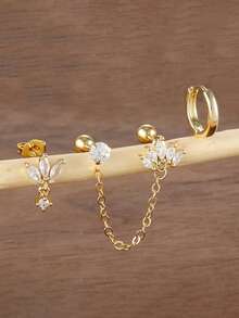 3pcs 18K Gold Plated Flower Zirconia Stainless Steel Stud Earrings, Sparkling Zirconia Flower Earring Set, Women's Cartilage Helix Double Hole Chain Piercing Earrings, Girls Gift Jewelry - Flower3 - View 7