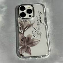 1pc Metal Shell Transparent Personalized Coffee Brown Lily English Pattern Phone Case Compatible With IPhone 16 Pro Max/17/16/15/14 Plus/13/12/11 Protective Case Air - Multicolor - View 1