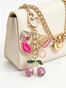 Elegant Exquisite Diamond Inlaid Cherry Pendant Keychain, Makeup Theme Pendant, Y2K Style, With Cute Pink Cherry, Rose Lips, Eyeshadow Palette And Donut Design, Summer Pink, Suitable For Backpack, Handbag, Wallet, Beach Bag, Phone Charm - Multicolor - View 2