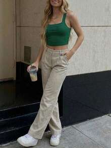 Women's Solid Color Casual Straight Leg Pants, Suitable For Beach & Holiday - Khaki - View 4