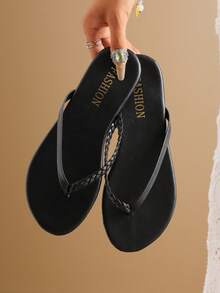 Women's Flat Flip-Flop Sandals, Summer Fashion Woven Vacation Style Comfortable Black Round Toe Sandals Suitable For Outings, Gatherings, Home, Travel, Beach - Black - View 5
