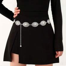 1 pezzo Catena da vita in metallo intagliato stile bohémien western vintage da donna, stile casual versatile alla moda - Catena da vita in argento con grande fiore - Visualizzare 3