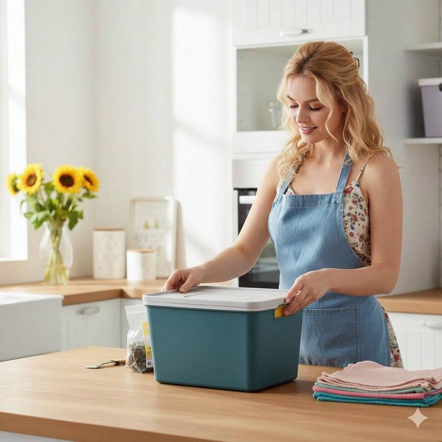 36x26x20cm Blue Plastic Rectangular Storage Basket With Handles, Modern Home Organization Container - Blue - View 1