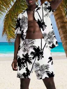 2pcs/Set Men's Casual Patterned Short Sleeve Polo Collar Shirt And Shorts Set For Summer,Hawaiian - Multicolor - View 6