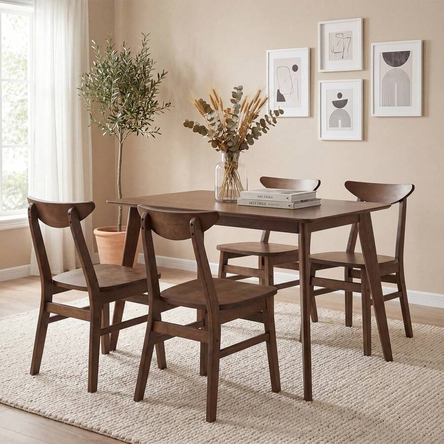 5PCS Solid Wood Dining Table Set Mid Century Kitchen Table & Chairs Set For 4 - Walnut - View 1