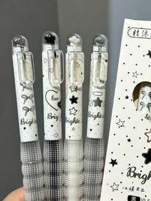 1/4pcs Star Dream Landscape Pen, Star Bow Black Retractable Pen, Student Exam Quick-Dry Practice Pen Black 0.5mm Neutral Ink Pen, Back To School - Star Landscape Pen - View 4
