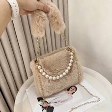 Bolso de mano de piel de conejo y perlas a la moda, bolso cruzado para mujer, diseño de cadena, bolso de hombro pequeño y versátil para invierno - Rojo - Ver 6