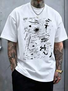 Camiseta Blanca de Cuello Redondo para Hombre, Estampado de Arte Abstracto con Graffiti y Tinta, Estilo Casual, Talla Grande, Manga Corta - Negro - Ver 1