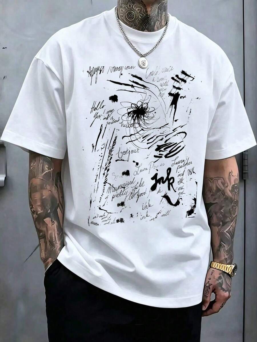 Camiseta Blanca de Cuello Redondo para Hombre, Estampado de Arte Abstracto con Graffiti y Tinta, Estilo Casual, Talla Grande, Manga Corta - Negro - Ver 1