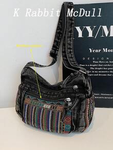 Casual Chic Soft Jeans Multi-Layer Crossbody Bag With Multiple Pockets, Versatile Commuter Large Capacity Women's Shoulder Bag, Perfect For Cow Girl - Black - View 2