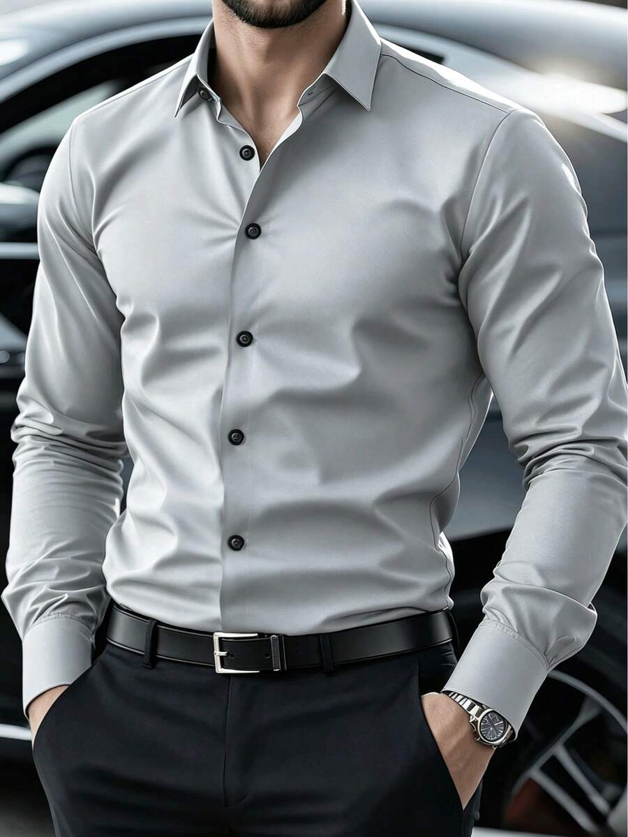 Camicia casual/formale da uomo di colore grigio chiaro, con bottoni singoli, colletto, adatta per l'ufficio, feste, uso casual, versatile, per l'autunno, top a maniche lunghe