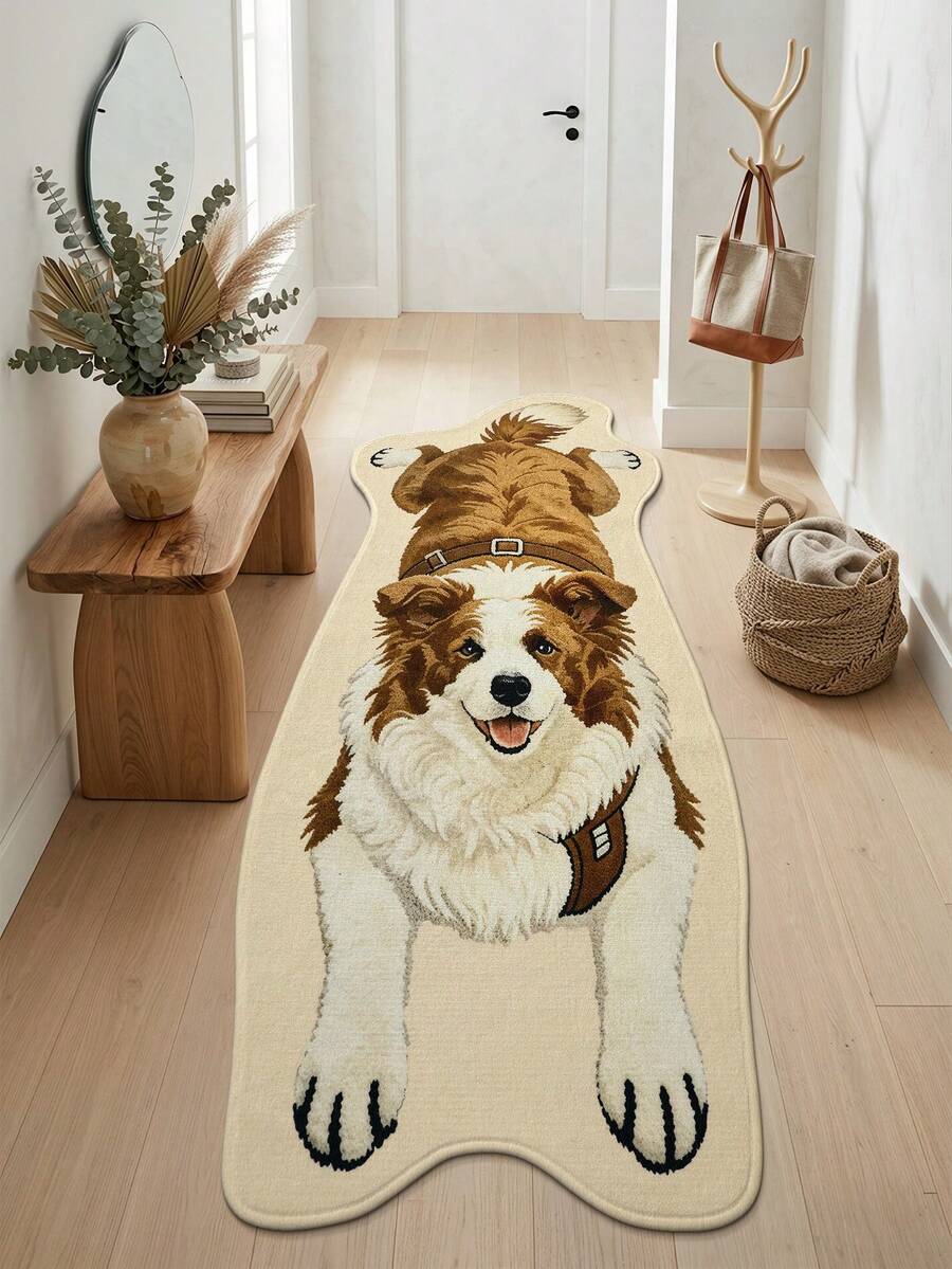 DAJIANG 1pc Cute Border Collie Shaped Rug, Kitchen Rug Hallway Mat, Suitable For Bathroom, Kitchen, Outdoor, Indoor, Hallway, Bedroom, Living Room, Bedside, Machine Washable, Easy To Clean, Non-Slip Backing - Border Collie Lying down - Brown - View 1