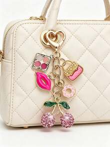 Elegant Exquisite Diamond Inlaid Cherry Pendant Keychain, Makeup Theme Pendant, Y2K Style, With Cute Pink Cherry, Rose Lips, Eyeshadow Palette And Donut Design, Summer Pink, Suitable For Backpack, Handbag, Wallet, Beach Bag, Phone Charm - Multicolor - View 1