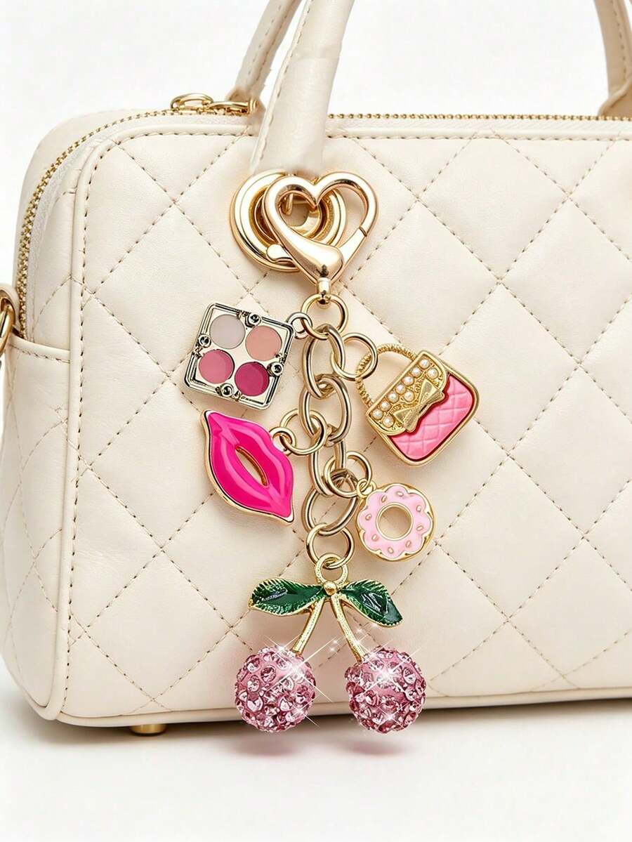 Elegant Exquisite Diamond Inlaid Cherry Pendant Keychain, Makeup Theme Pendant, Y2K Style, With Cute Pink Cherry, Rose Lips, Eyeshadow Palette And Donut Design, Summer Pink, Suitable For Backpack, Handbag, Wallet, Beach Bag, Phone Charm - Multicolor - View 1