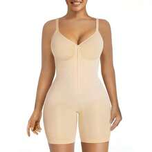 Front Zip Deep V Shapewear Bodysuit Inner Hooks Open Gusset Butt Lifter Padded Shorts Tummy Control - Black - View 2