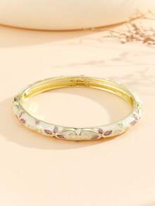 1pc Fashion New Gold-Plated Exquisite Petal Enamel Cloisonné Open Cuff Bracelet, Hinged Cuff Bracelet, White, Women's Jewelry Gift - White - View 4