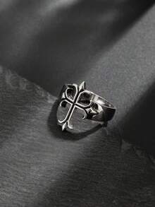 1pc Personalized Punk Cross Ring, Fashion Geometric Metal Single Ring, Suitable For Layering, Daily Party Accessory, Holiday Gift For Family And Friends - Antique Silver - View 5