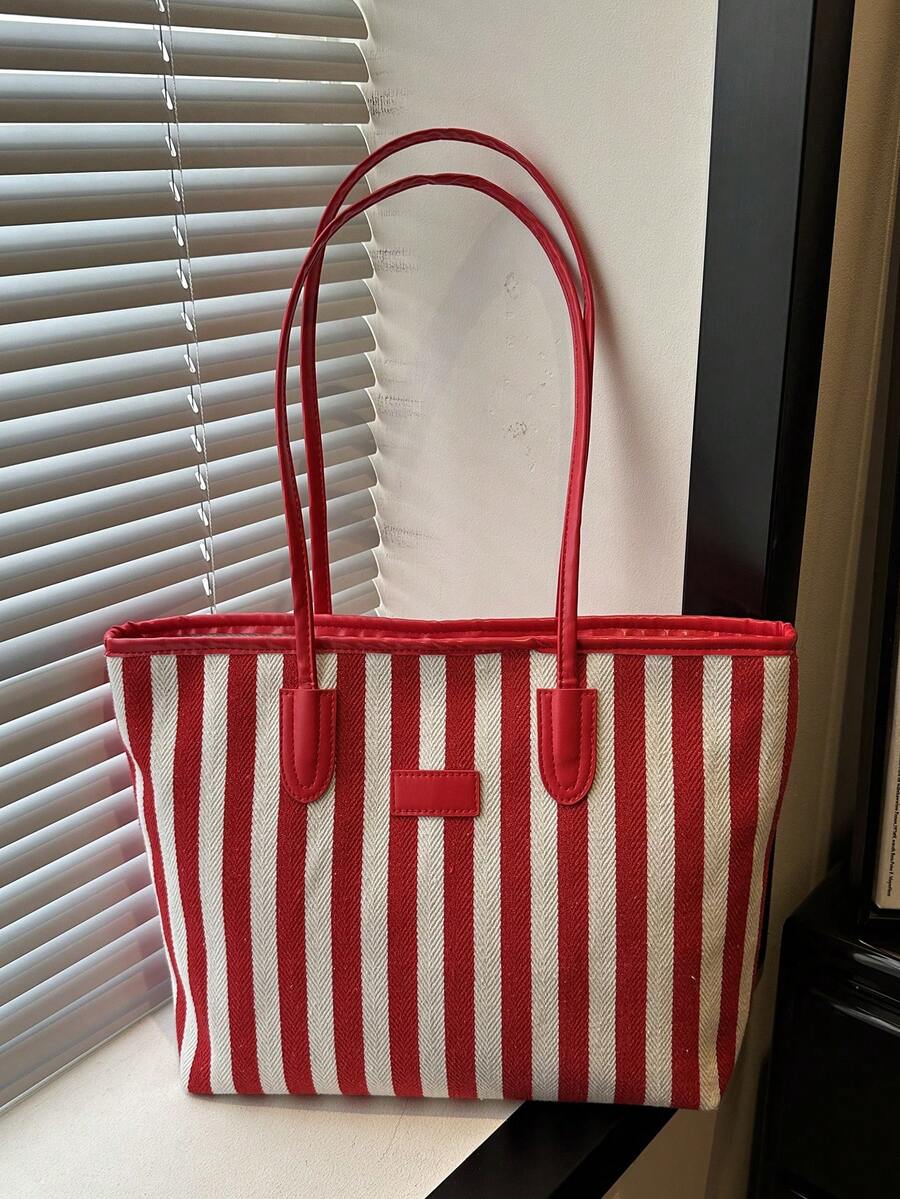 Fashionable Large Capacity Striped Handbag, Shoulder Bag, Tote Bag, Suitable For Women Shopping, Commuting And Daily Use - Red - View 1