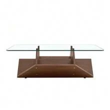 Multifunctional Coffee Table In Tempered Glass And MDF, Walnut Finish, With Spacious Compartments For Everyday Items, Ideal For The Living Room Or Office. - 自然色 - 查看 8