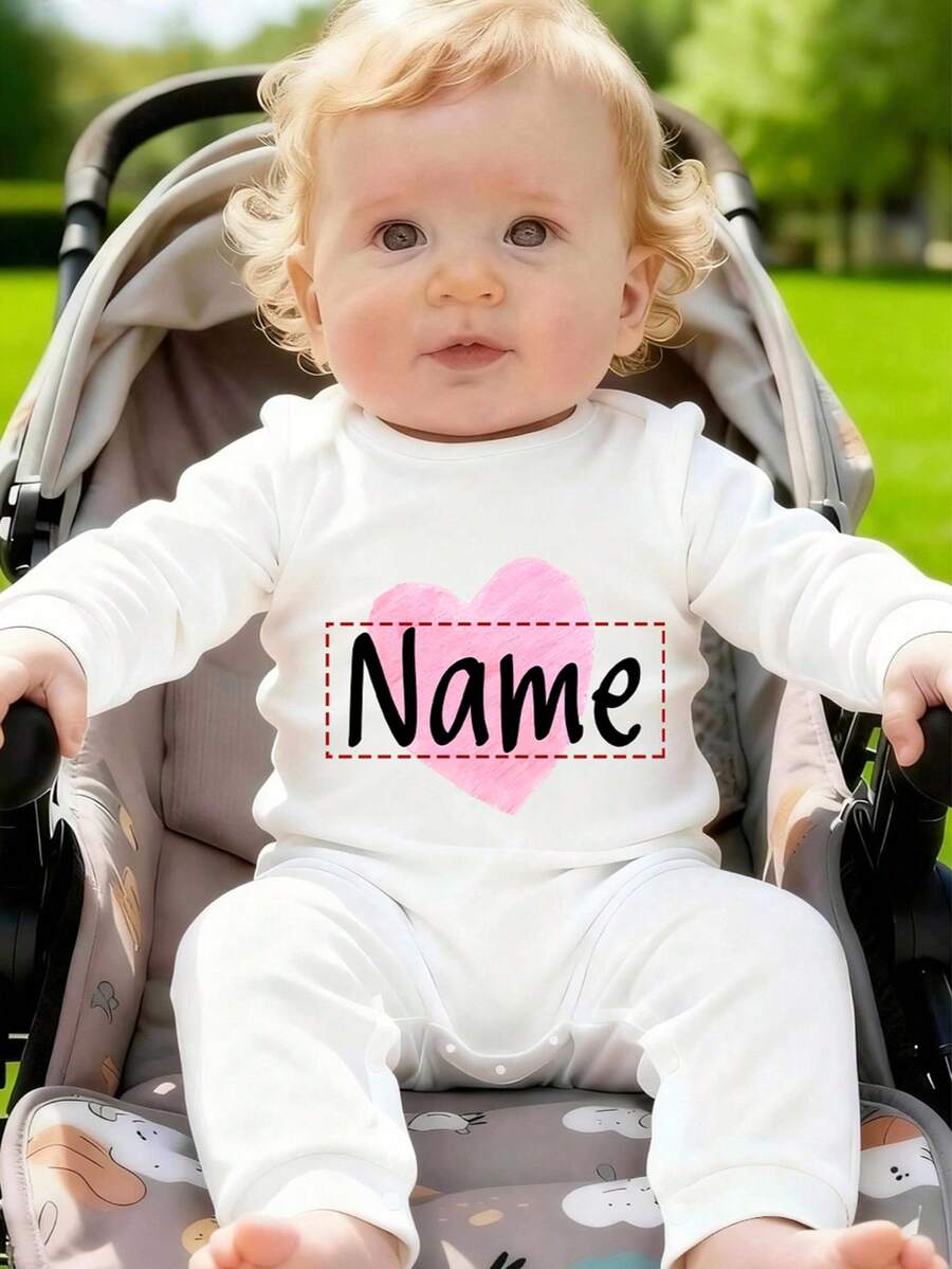 [Customized]Infant Long Sleeve Bodysuit, Unisex, DIY Personalized Name, Hand-Painted Pink Heart Print, Baby Daily Wear Casual Versatile Round Neck Romper - White - View 1