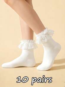 2/4/6/8/10pairs Cute Simple Lace Trim Mid-Calf Socks, Comfortable Material, For Daily Home & Outdoor Wear - White - View 12