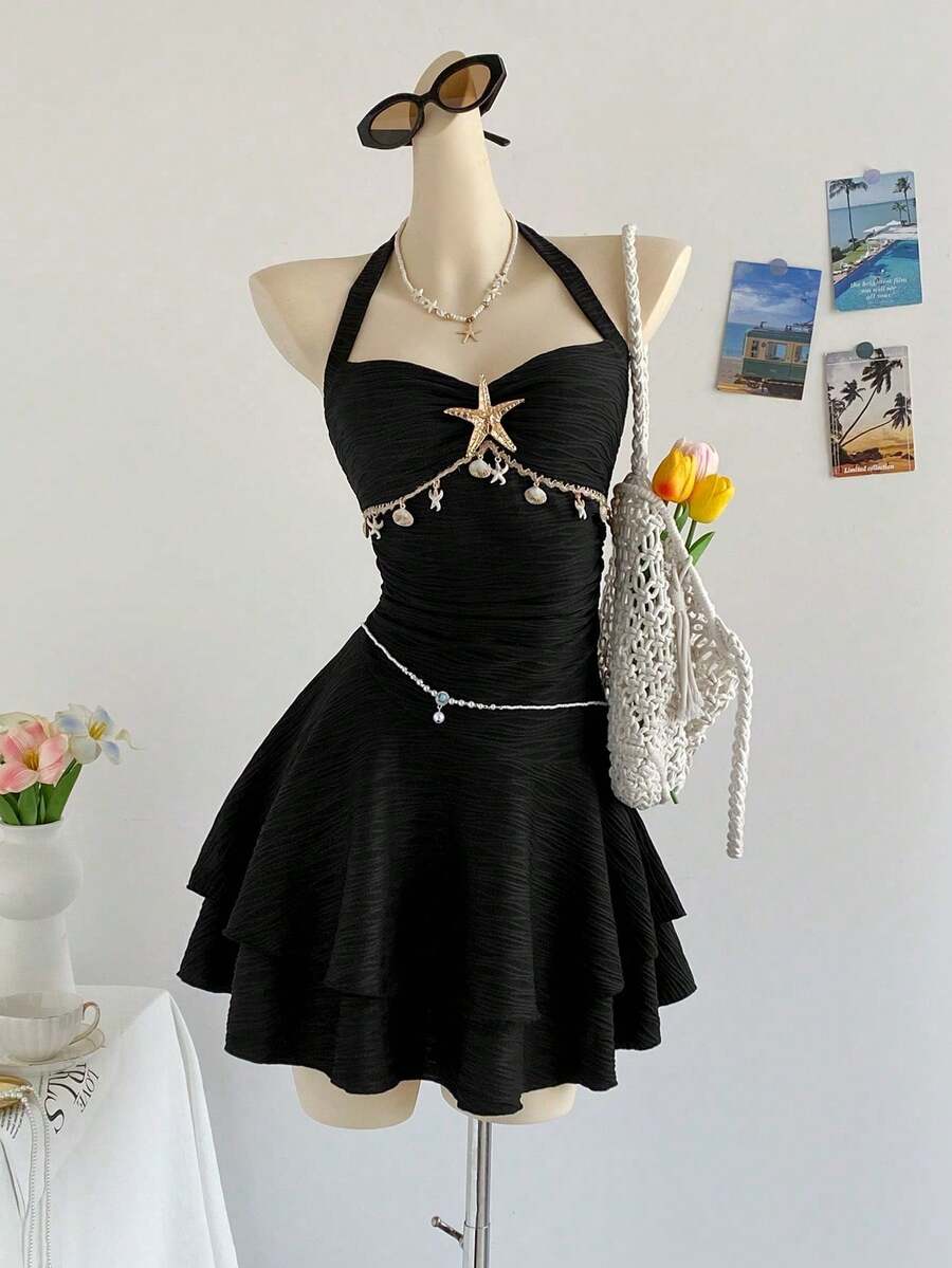 lo en V con volantes, decoración de estrella de mar y concha, hebilla metálica, apropiado para Navidad, cita, discoteca, estilo bohemio, vacaciones, otoño, ropa de mujer, vintage, vacaciones - Negro - Ver 1
