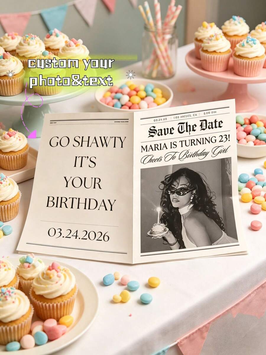 1件可編輯生日派對報紙,可客製化生日邀請報紙,個性化「Go Shawty It's Your Birthday」照片模板,可列印生日公告,趣味派對邀請函,生日慶祝裝飾,照片紀念品 - 彩色 - 查看 1