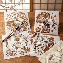 日式藝妓牆面彩繪模板 4入組，經典東方女性藝術模板套裝，可重複使用，適用於手工藝、優雅和服女士持扇傘美學模板，適合創意藝術項目、布料、畫布、瓷磚、剪貼簿及居家裝飾 - 套裝 - 查看 10