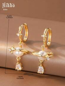 Hihho 1 Pair Luxury Style Romantic Dreamy Four-Pointed Star Zirconia Inlaid Pearl With Teardrop Zirconia Pendant Earrings, Suitable For Women's Daily Commute Wear - Star - View 8