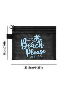 印有彩色「Beach_please」文字、椰子樹與海鷗圖案的沙灘網袋，沙灘主題 - 便攜式化妝包，大容量透明化妝包，可收納口紅與氣墊粉撲，海岸風格。輕巧易攜，耐用，夏威夷風格網狀化妝包，適合沙灘度假、夏季旅行、游泳、購物、健身、母親節、情人節、教師節、畢業季、開學季、齋月、女性旅行、短途旅行 - 彩色 - 查看 10