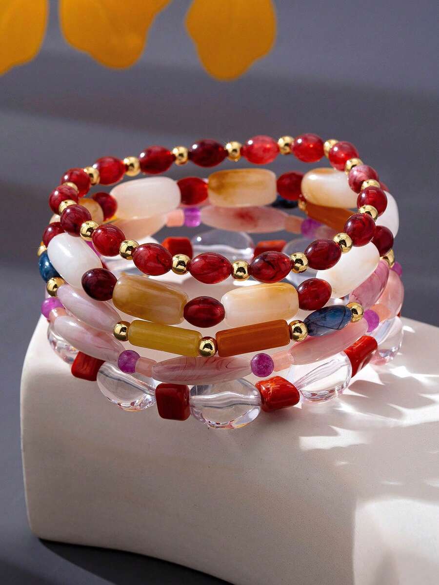 1 buah/5 buah Gelang Elastis Manik-Manik Warna Kontras Desain Fashion Dapat Ditumpuk DIY Gelang Multi-Bangku Perhiasan untuk Pemakaian Sehari-hari Wanita Hadiah Liburan - gelang manik-manik - View 1