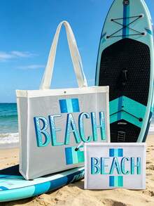 Mesh Strandtasche und kleine Tasche Set, Muster mit Sommer "BEACH" Muster, voller Sommer-Vibes, enthält Einkaufstasche, Strandtasche, hawaiianischer Stil transparente Aufbewahrungstasche, Reise-Kulturtasche, Strand-Tragetasche, lässige Urlaubstasche, Kosmetik-Aufbewahrungstasche, geeignet für Schule, Urlaub, Feiertage und Schulanfang, ideales Geschenk für Freunde und Lehrer, auch geeignet für Geburtstage, Partys, Sommer, Urlaub, Feiertage und Hochzeiten - Schwarz - Übersicht 5