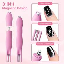 Pink 3Pcs Multi-Functional Cat Eye Nail Tool Set, Detachable Multi-Head Accessories For Heart, Square & Arc Nail Shimmer Effects - Pink - View 4