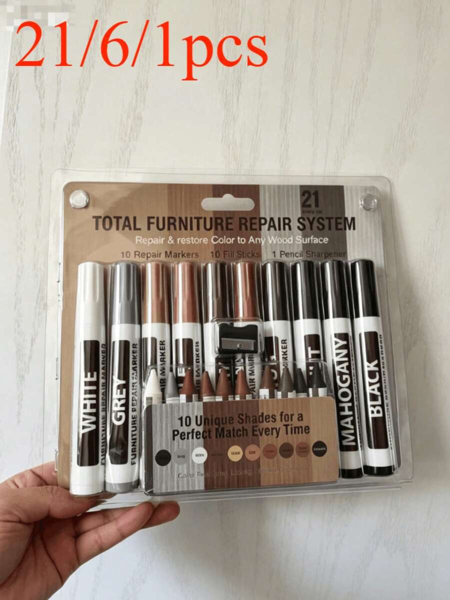 Kit de herramientas de reparación de madera, que incluye bolígrafo de reparación de vetas de madera y barras de relleno de cera, adecuado para reparar arañazos y abolladuras en pisos, mesas y superficies de madera, con caja de almacenamiento de plástico. Marcadores de retoque de muebles de alta calidad, disponibles en varios colores, ideales para restaurar la pérdida de pintura/color, manchas y coloración en pisos, mesas y postes de cama de madera. Estilo aleatorio - Múltiples estilos - Ver 1