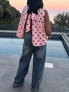 Nueva blusa casual de mujer con lazo, de tela tejida, sin espalda, sin mangas, con estampado de lunares, top tipo camiseta para primavera/verano y vacaciones - Lunares rosas - Ver 3