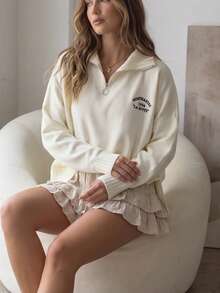 Senya Women's Letter Print Half-Zip Pullover, Solid Color Ribbed Knit Drop Shoulder Long Sleeve Sweater, Elegant Casual Preppy Style Knit Top, Suitable For Autumn - Apricot - View 5