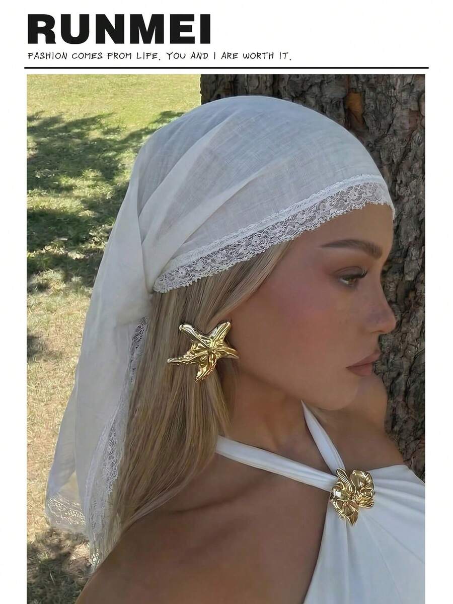 1pc Women's Elegant Solid Color Square Lace Trim Headscarf, Multifunctional As Headscarf, Shawl, Headband And Hair Accessory, Suitable For Use In Mosques, Lightweight For Summer, Fashion Casual Accessory - White Delicate Lace Trim - View 1