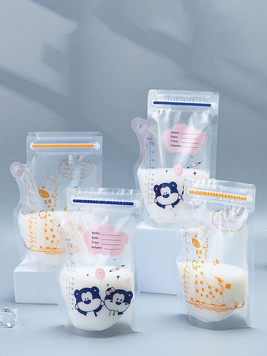 30pcs/60pcs/100pcs Baby Breast Milk Storage Bags Snack Bags Candy Bags, Leak-Proof Zipper Seal, Dual Scale, Cartoon Design - Multicolor - View 1