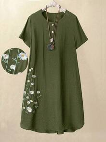 Linhara Vestido casual con botones y bordados para tallas grandes - Verde Oliva - Ver 1